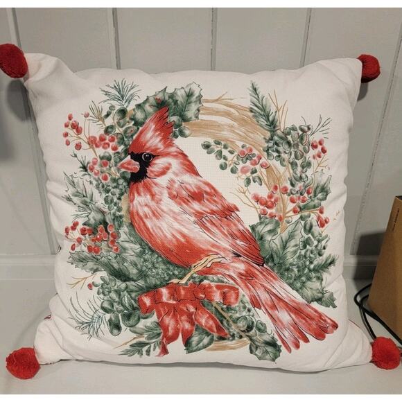 Cardinal Red Bird Decorative Throw Pillow With Pom Poms Water Color Style - Picture 1 of 5